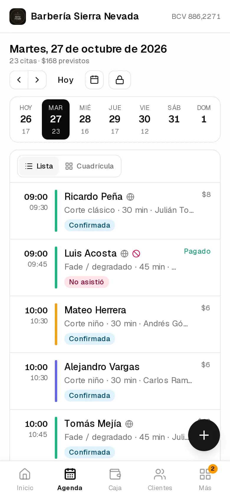Agenda del día en el panel de BarberPro desde el celular