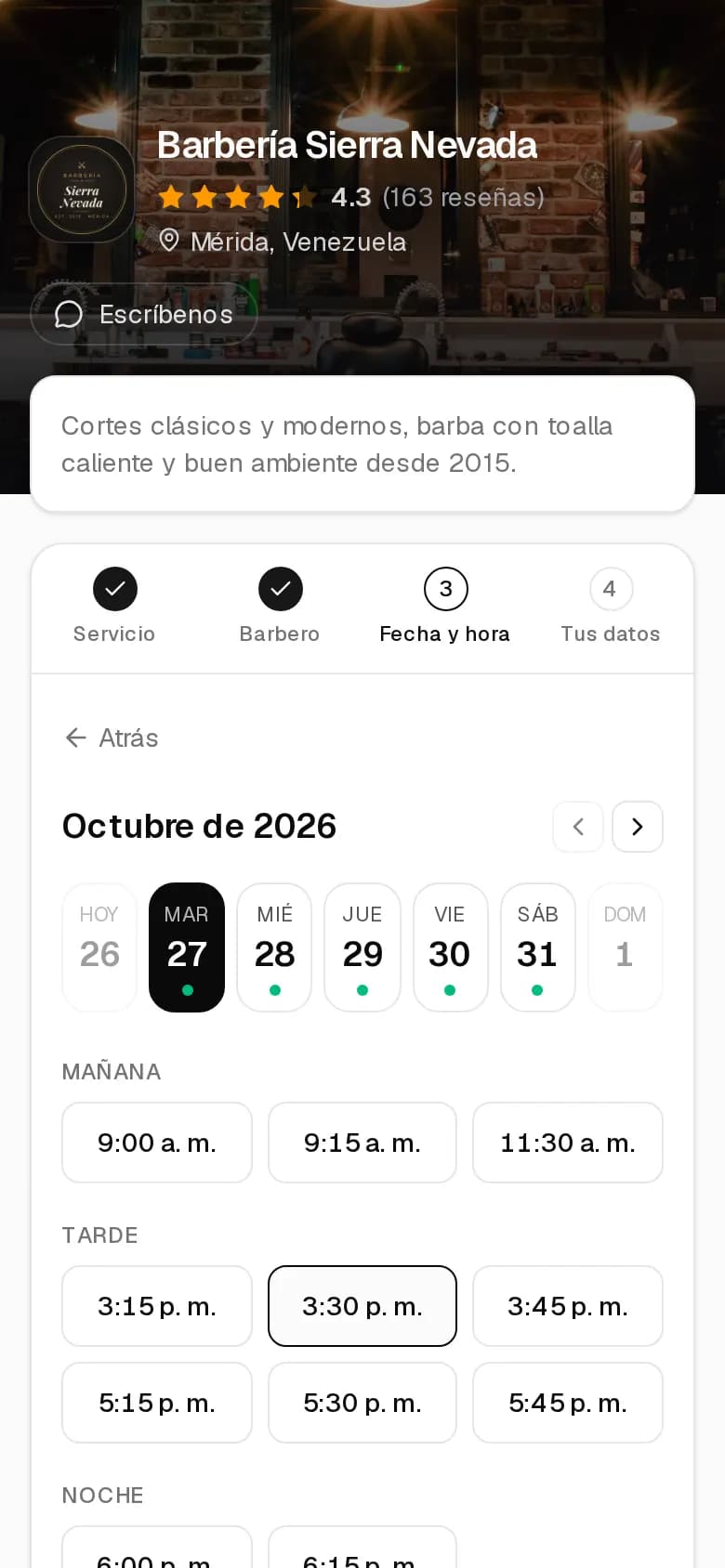 Paso 3 de la reserva: elige la hora