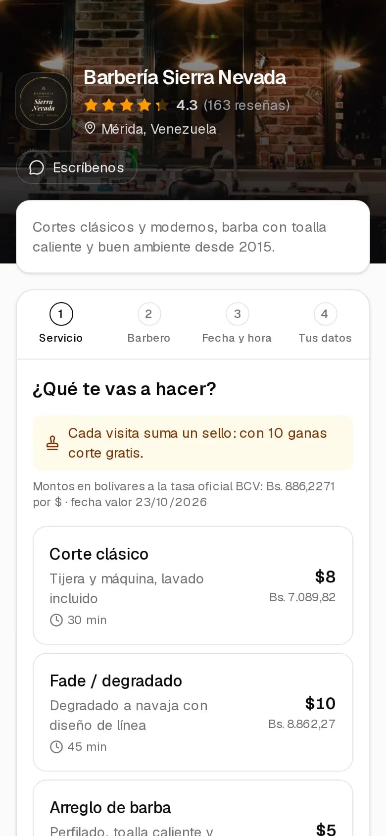 Página de reservas de una barbería en el celular